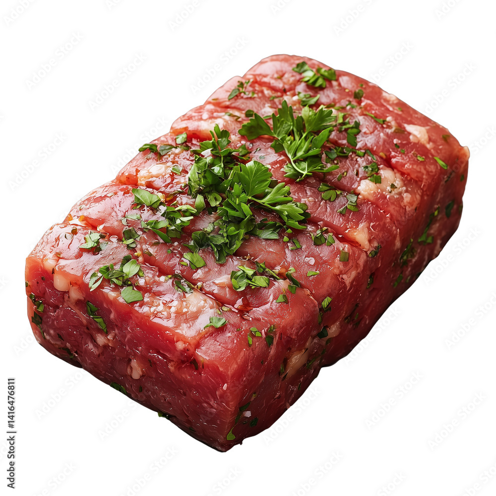 Poster raw meat block garnished with herbs isolated on white background and transparent background