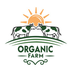 organic farm logo with a sun and cows on the top