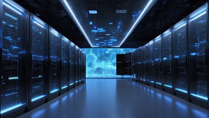 A modern server room filled with racks of networking equipment illuminated by blue LED lights