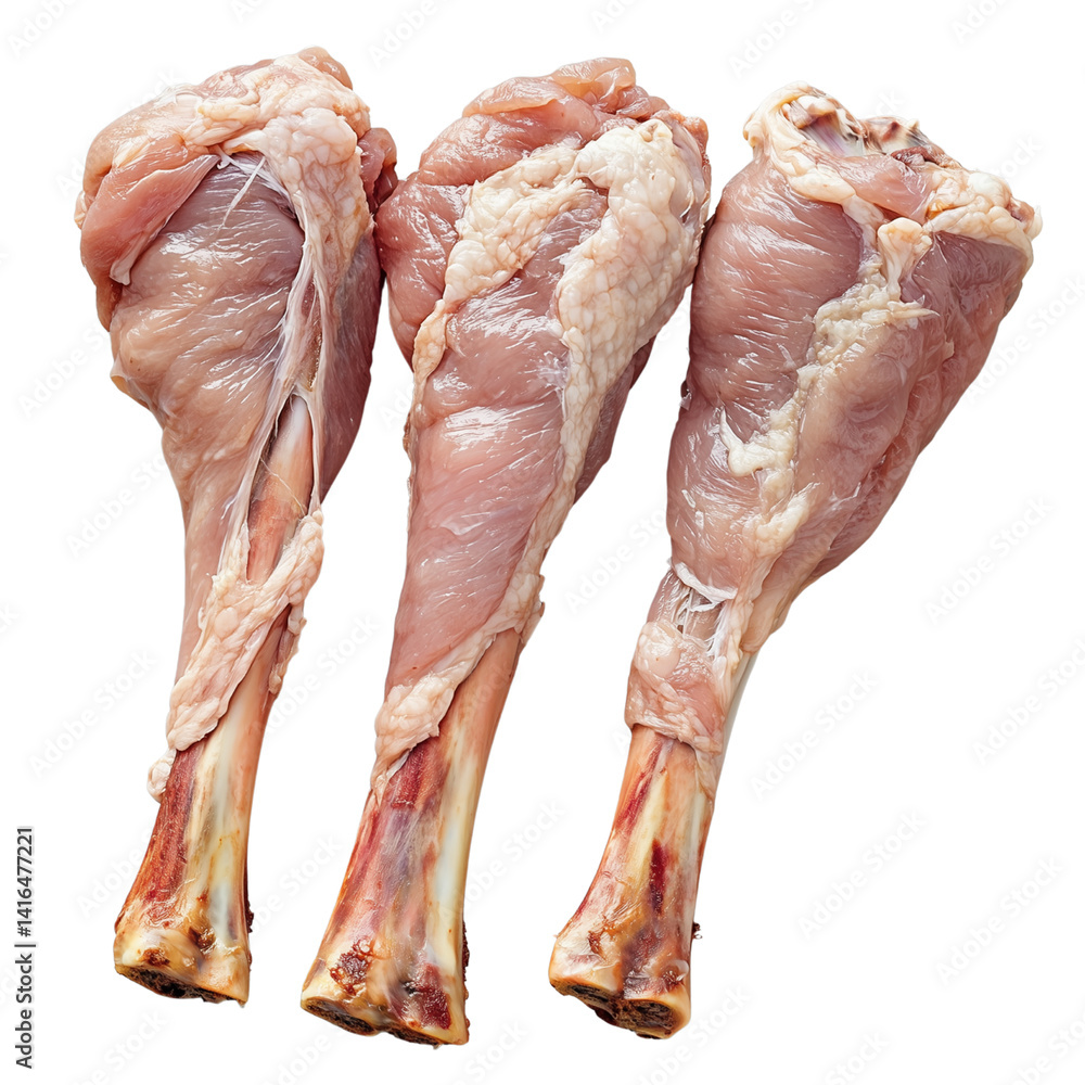 Poster dried meat legs displayed showcasing texture and detail of the cured product. isolated on white back