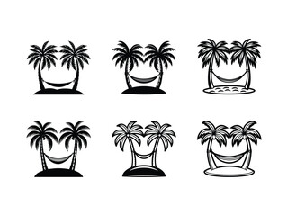 Fototapeta premium Hammock and palm tree vector icons silhouette isolated on white background