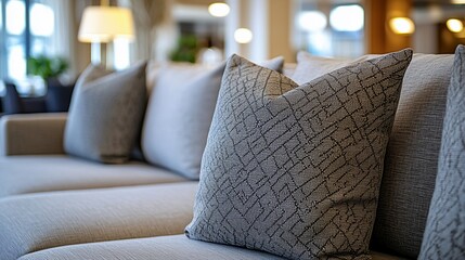 Soft, patterned cushions on a light beige couch