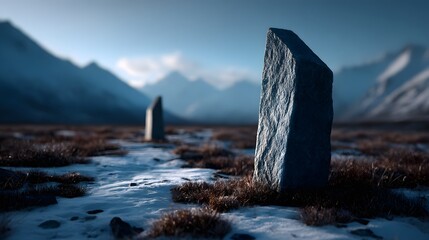 Majestic mountain peak overlooking a frozen tundra with ancient stone pillars standing solitary in the distance.