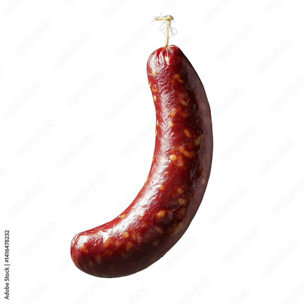Poster hanging cured sausage with a rich texture and deep red color isolated on white background and transp