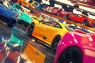 A vibrant display of various rental cars in a dealership showcasing bright colors and attractive deals, capturing a retail atmosphere.