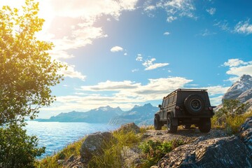 A bright, sunny day with a beautiful vista featuring a vehicle parked by a scenic viewpoint, inviting adventures ahead.