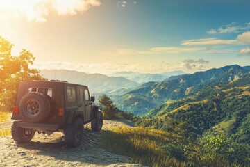 A bright, sunny day with a beautiful vista featuring a vehicle parked by a scenic viewpoint, inviting adventures ahead.