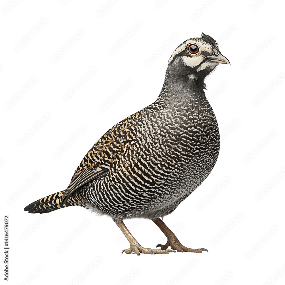Poster a detailed illustration of a patterned quail bird standing showcasing its unique features and textur