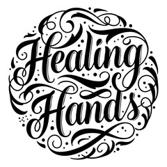 Black and white script lettering design with decorative swirls and dots.  Perfect for advertising, social media posts, or print design projects related to wellness, therapy, or healing.
