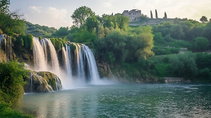 Obraz premium Majestic Waterfall Cascading Down a Lush Green Hill
