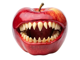 Naklejka premium Scary Red Apple with Vampire Teeth: Halloween Food Image
