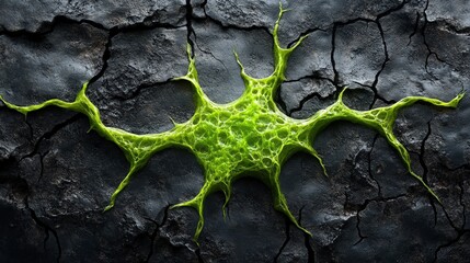 Abstract Green Bio-Organism on Cracked Surface Microscopic Life Form
