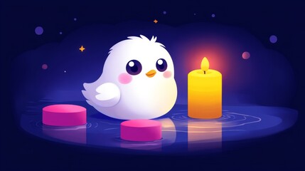 Whimsical pixel art featuring a cute fluffy chick illuminated by a warm candle glow amidst a sparkling serene dreamscape background design