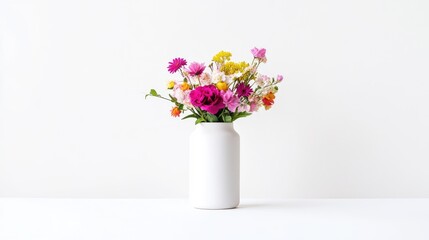 Vibrant bouquet of mixed flowers in a simple white vase
