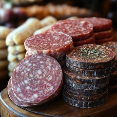 Artisanal Cured Meats In Rich Tones Arranged On Rustic Wooden Board