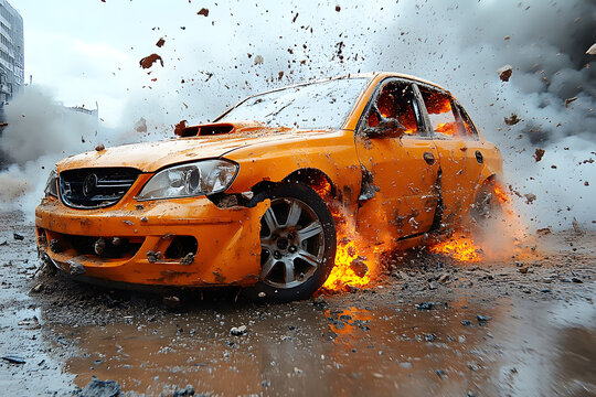 Dramatische Explosion eines orangefarbenen Autos in dynamischer Action-Szene