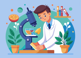 Scientist Examining Orange Under Microscope in Laboratory