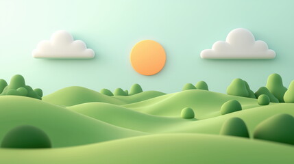 landscape with green hills, clouds, and a sun