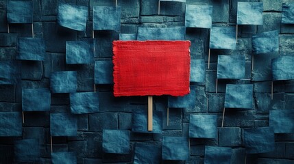 Red Protest Sign Among Blue Flags on Stone Wall - Stand Out from the Crowd