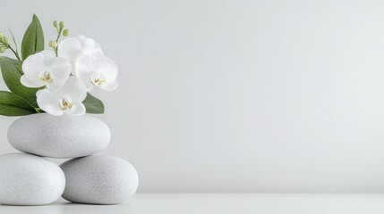 Peaceful spa scene with white orchids and stones