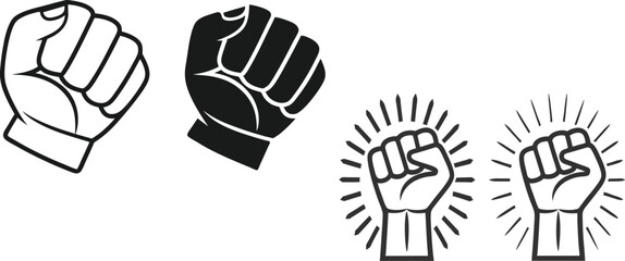 Set of raised fist icons in black and white representing strength, unity, protest, resistance, and empowerment with radiating lines in bold style.