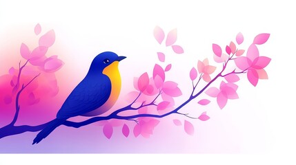 Tranquil bluebird perched on blossoming cherry branch against dreamy watercolor background evokes a sense of peace and natural serenity