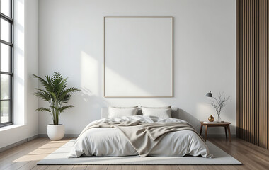 Home bedroom interior with large blank poster on white wall