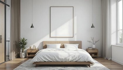 Home bedroom interior with large blank poster on white wall
