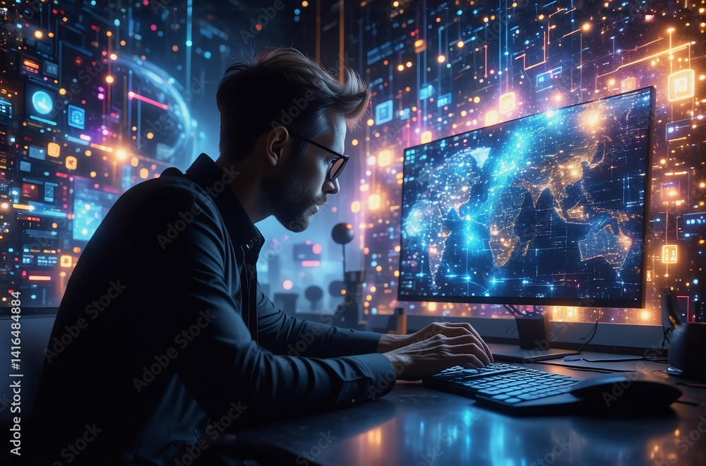 Leinwandbilder A focused programmer sits before a computer displaying a vibrant, interconnected world map, immersed in a digital realm of glowing data streams and intricate circuitry.