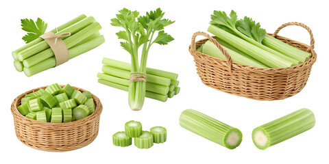 Celery Variety Pack: An assortment of fresh celery stalks, some whole and some chopped, neatly arranged in rustic baskets and against a pure white backdrop.