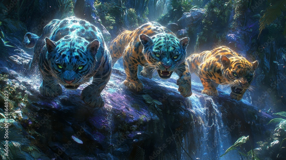 Poster mystical leopards in twilight forest artistic interpretation of jaguars in enchanted setting creatin