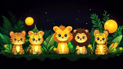 Fototapeten Pixelated paradise a serene jungle nightscape featuring cute cartoon lions and tigers basking under glowing orbs in whimsical scenery © Artajar