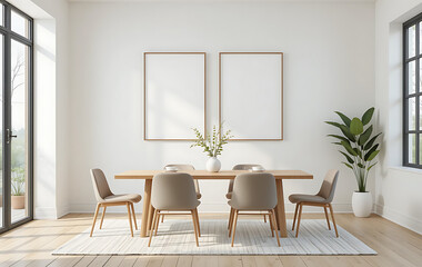 Home dining room with two framed blank posters on light wall