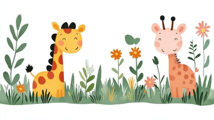 Naklejka premium Adorable watercolor giraffes amidst lush foliage and whimsical florals create a charming scene of wild beauty and gentle nature inspired artwork