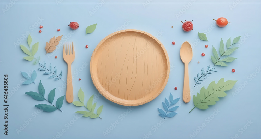 Poster a creative composition depicts a wooden plate setting with a fork and spoon on a light blue backdrop