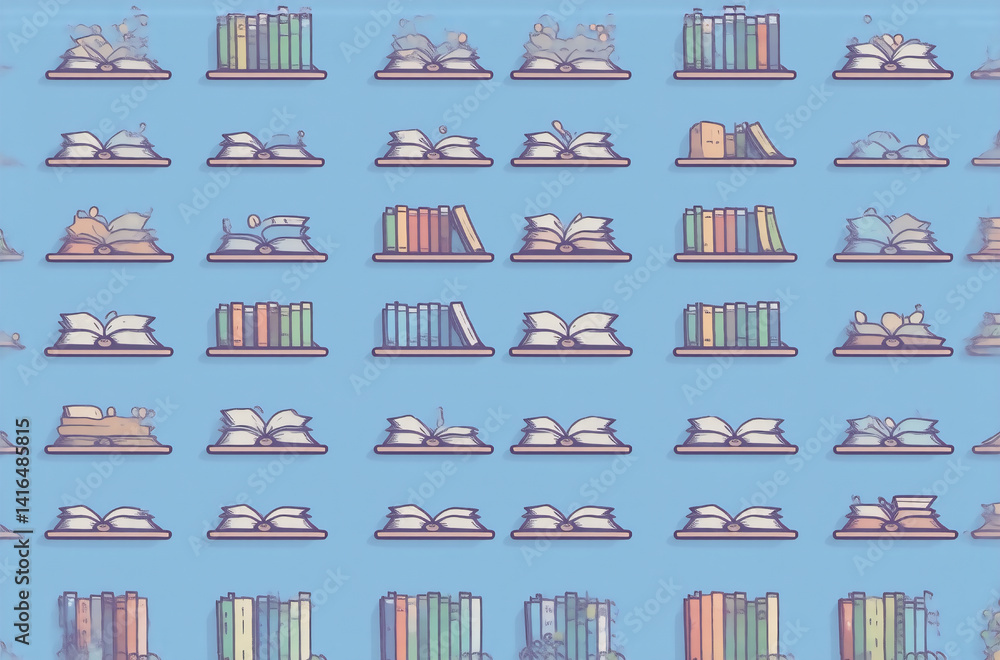 Aufkleber a repeating pattern of colorful book and bookshelf icons on a light blue background. perfect as an a