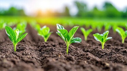 Vibrant green seedlings emerging from soil in sunlight representing growth and new beginnings