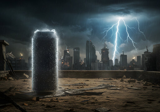 everage Can Standing Tall Against a Dramatic Sky with Lightning Bolts and Rain