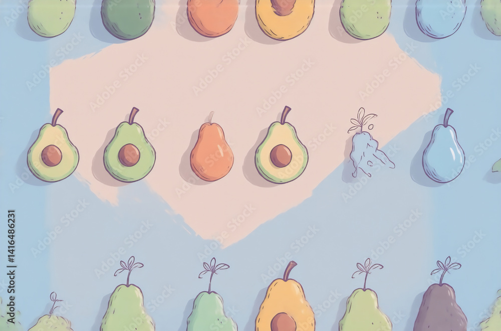 Poster a whimsical illustration featuring an array of stylized avocados and pears, arranged in rows. a uniq