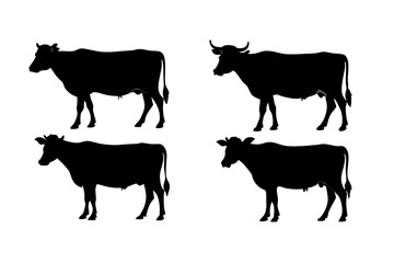set of cow vector silhouette illustration isolated on white background