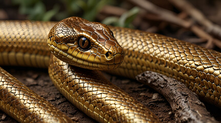 Fototapeta premium A beautifully rendered golden snake with intricate scales and realistic features, poised elegantly,generative.ai 