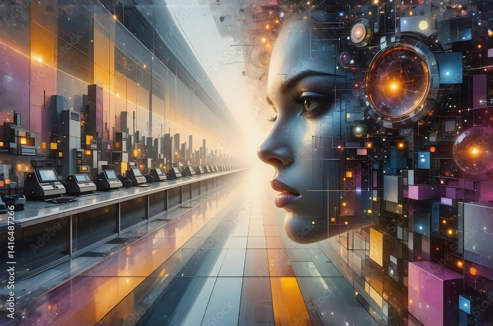 Aufkleber a futuristic cityscape merges with a woman's face, composed of digital elements and glowing lights, 