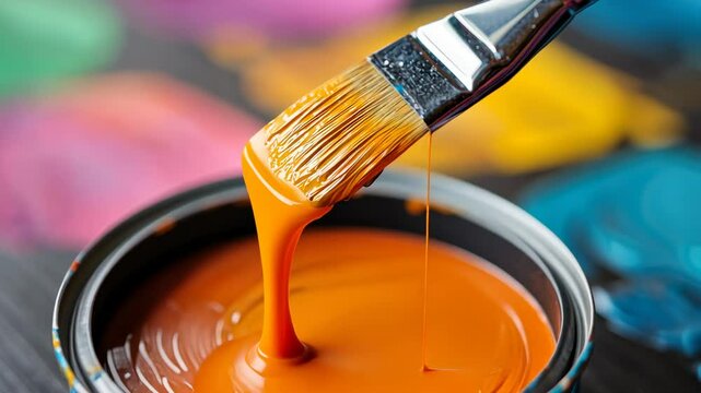 Orange Paint, Brush, and Can: A Close-Up View of Artistic Supplies