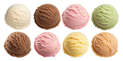 Ice Cream Scoops Variety Pack: Eight delicious scoops of ice cream in assorted classic flavors, including vanilla, chocolate, strawberry, pistachio, and more, arranged for a tempting dessert display.