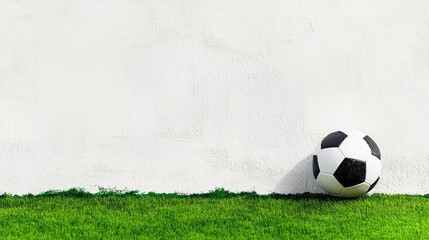 Black and white soccer ball positioned neatly on green lawn with minimalist white background