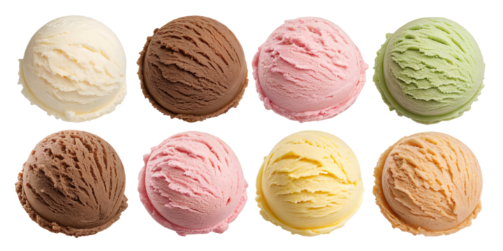 Ice Cream Scoops Variety Pack: Eight delicious scoops of ice cream in assorted classic flavors, including vanilla, chocolate, strawberry, pistachio, and more, arranged for a tempting dessert display.