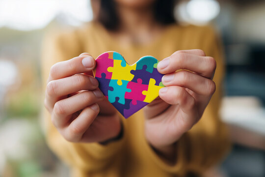 A colorful heart made of vibrant puzzle pieces, symbolizing autism, held gently by caring hands, warm soft lighting, cheerful and heartwarming mood, children's illustration style