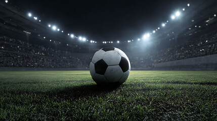 Fototapeta premium A close-up of a soccer ball on a well-maintained field under stadium lights during a match