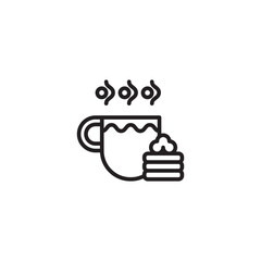 A steaming mug of a hot beverage with a dollop of whipped cream next to a stack of pancakes. Three wavy lines indicate heat.