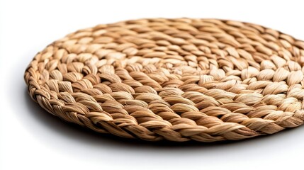 Obraz premium Natural round straw placemat with woven texture, isolated on white background